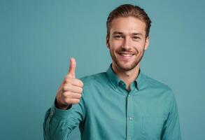 ai gegenereerd een gelukkig Mens in een taling dichtknopen overhemd geven een duimen omhoog. zijn zelfverzekerd uitdrukking en gewoontjes kleding stel voor positiviteit en toestemming. foto