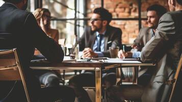 ai gegenereerd een groep van professionals zittend in de omgeving van een conferentie tafel bespreken hun lang termijn visie en instelling slim doelen foto