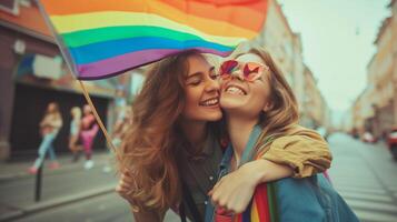 ai gegenereerd vrolijk gelukkig lesbienne paar zoenen en knuffelen met regenboog vlag gedurende de lgbtq optocht in de straat foto