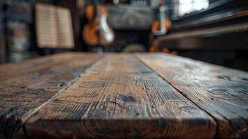 ai gegenereerd een blanco houten tafelblad met wazig musical instrumenten en vel muziek- in de achtergrond ideaal voor bevorderen muziek- verwant producten foto