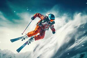 ai gegenereerd adrenaline stormloop - skiër jumping en skiën naar beneden de berg in extreem winter sport. gemaakt met generatief ai foto
