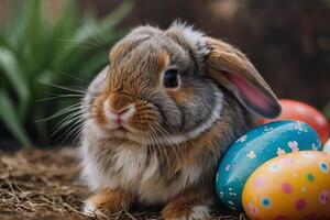 ai gegenereerd kleurrijk schattig Pasen konijn konijn en schattig glimlach foto