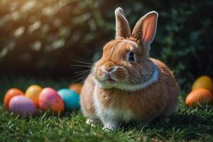 ai gegenereerd kleurrijk schattig Pasen konijn konijn en schattig glimlach foto