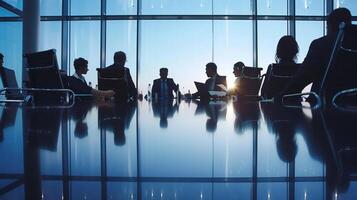 ai gegenereerd een groep van professionals zittend in de omgeving van een conferentie tafel bespreken hun lang termijn visie en instelling slim doelen foto