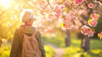 ai gegenereerd een vrouw genieten van een ontspannen wandelen in een park bewonderend de voorjaar bloei en weken omhoog de zonneschijn foto