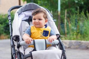 baby jongen in wandelwagen in de tuin foto