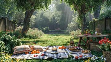 ai gegenereerd picknick in onze achtertuin foto