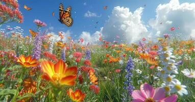 ai gegenereerd een veld- van bloemen en vlinders met een blauw lucht foto