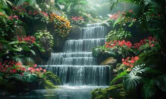 ai gegenereerd een waterval in de oerwoud met bloemen en planten foto