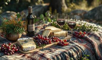 ai gegenereerd picknick met wijn, kaas en druiven Aan een deken foto