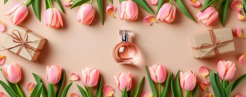 ai gegenereerd fles van parfum en tulpen Aan roze achtergrond, voorjaar vlak leggen foto