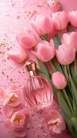 ai gegenereerd fles van parfum en tulpen Aan roze achtergrond, voorjaar vlak leggen foto