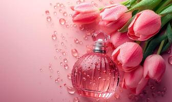 ai gegenereerd fles van parfum en tulpen Aan roze achtergrond, voorjaar vlak leggen foto