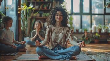 ai gegenereerd een moeder en dochter beoefenen meditatie samen Bij huis foto