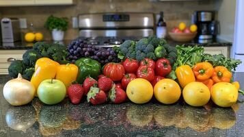 ai gegenereerd een kleurrijk assortiment van vers fruit en groenten Aan een keuken teller foto