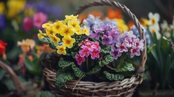 ai gegenereerd een dichtbij omhoog schot van kleurrijk voorjaar bloemen geregeld in een mand symboliseert de schoonheid van de seizoen foto