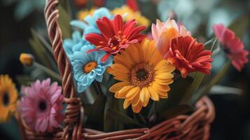 ai gegenereerd een dichtbij omhoog schot van kleurrijk voorjaar bloemen geregeld in een mand symboliseert de schoonheid van de seizoen foto