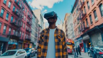 ai gegenereerd jong Mens gebruik makend van vr virtueel realiteit bril terwijl wandelen in stad straat, levensstijl en technologie concept foto