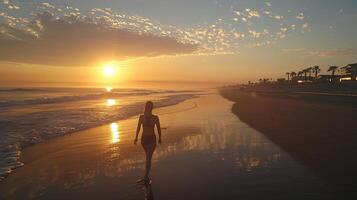 ai gegenereerd een loper uitrekken voordat een ochtend- joggen langs de strand foto