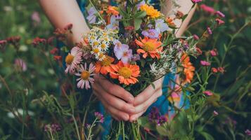 ai gegenereerd een paar- van handen Holding een vers geplukt boeket van wilde bloemen tegen een backdrop van weelderig voorjaar gebladerte foto