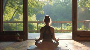 ai gegenereerd een persoon in een yoga houding mediteren in een sereen studio of buitenshuis yoga sessie presentatie van de verbinding tussen fysiek beweging adem en opmerkzaamheid foto