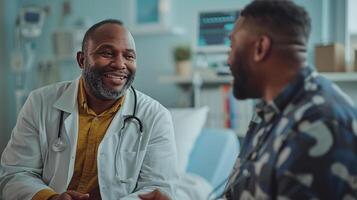 ai gegenereerd een dokter bespreken behandeling opties met een geduldig in een ziekenhuis kamer foto