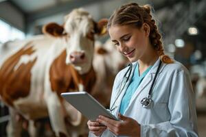 ai gegenereerd een jong vrouw dierenarts aandachtig toepassingen een tablet terwijl neigen naar een koe in een modern zuivel boerderij.veterinair zorg Aan de boerderij. foto