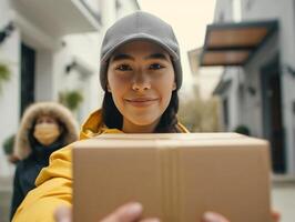 ai gegenereerd een glimlachen koerier aanbiedingen de pakket naar de koper en pays speciaal aandacht naar vriendelijk onderhoud. kopiëren ruimte.reclame van levering Diensten, werving, klant onderhoud opleiding. foto