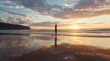 ai gegenereerd yoga praktijk Aan kust Bij dageraad foto