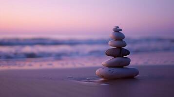 ai gegenereerd steen stack Aan strand Bij schemering foto