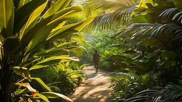 ai gegenereerd ochtend- wandelen in tropisch tuin traject foto