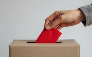 een dichtbij visie van een hand- in een rood breien plaatsen een rood envelop in een stemmen doos foto