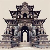 ai gegenereerd een detailopname afbeelding van een verweerd steen Ingang poort naar een nepali tempel, versierd met ingewikkeld houtsnijwerk en voogd standbeelden. foto