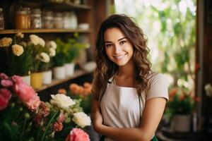 ai gegenereerd jong meisje bloemist glimlachen Bij de camera terwijl staand in de buurt de teller van een bloem winkel foto