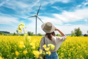 ai gegenereerd jong vrouw in rietje hoed staand in geel verkrachting veld- en op zoek Bij wind turbines foto