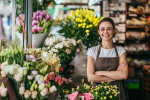 ai gegenereerd jong meisje bloemist glimlachen Bij de camera terwijl staand in de buurt de teller van een bloem winkel foto