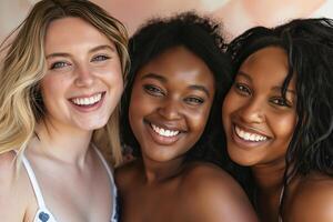 ai gegenereerd portret van drie glimlachen mollig Dames van verschillend nationaliteiten in zwemkleding, lichaam positiviteit concept foto