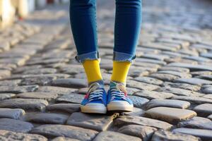 ai gegenereerd vrouw poten in geel sokken, jeans en sportschoenen Aan de bestrating stenen foto