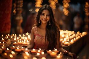 ai gegenereerd mooi Indisch vrouw met diwali diya Aan wazig achtergrond foto