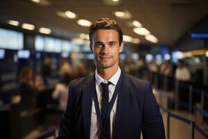 ai gegenereerd portret van een luchthaven werknemer Bij de Check in teller foto