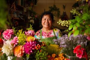 ai gegenereerd portret van volwassen Aziatisch vrouw bloemist werken in bloem winkel foto