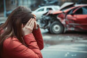 ai gegenereerd een vrouw houdt haar hoofd met haar handen tegen de achtergrond van een gebroken auto, een auto ongeluk Aan een stad straat foto