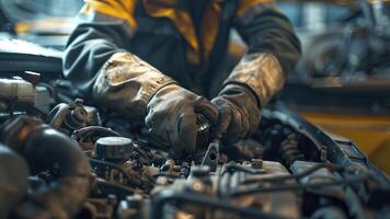 ai gegenereerd auto monteur werken in werkplaats, dichtbij omhoog een auto monteur repareren auto motor, onderhoud arbeider Bij de werk foto