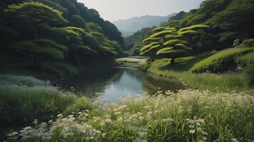 ai gegenereerd Japans natuur, Japans natuur landschap, natuur in lente, groen natuur foto