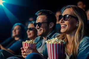 ai gegenereerd vrolijk familie aan het kijken een film in een 3d bioscoop met popcorn foto