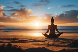 ai gegenereerd silhouet van jong vrouw beoefenen yoga Aan de strand Bij zonsondergang foto