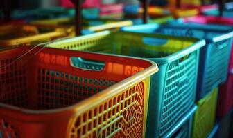 ai gegenereerd kleurrijk plastic manden voor boodschappen doen in de supermarkt. selectief focus. foto