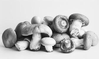 ai gegenereerd groep van champignons Aan een wit achtergrond. zwart en wit foto. foto