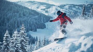 ai gegenereerd snowboarder aflopend een gepoederd helling in een winter wonderland foto