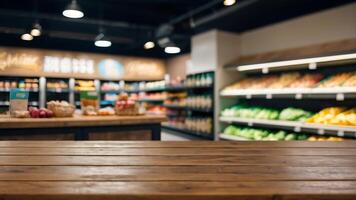 leeg houten tafel met mooi supermarkt achtergrond, fotorealistisch foto